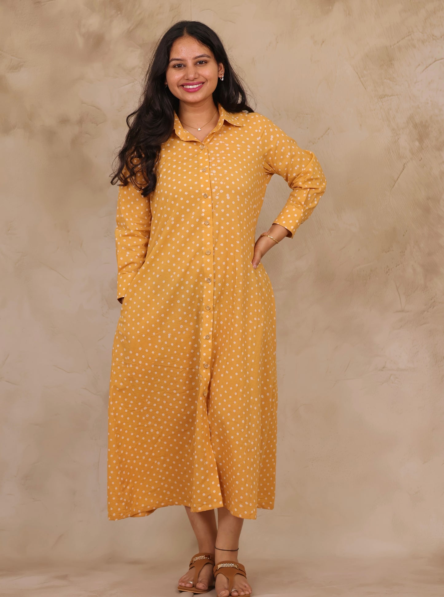 Mustard Yellow Polka Dot Pure Mul Cotton A-Line Shirt Dress | Looms & Tassels