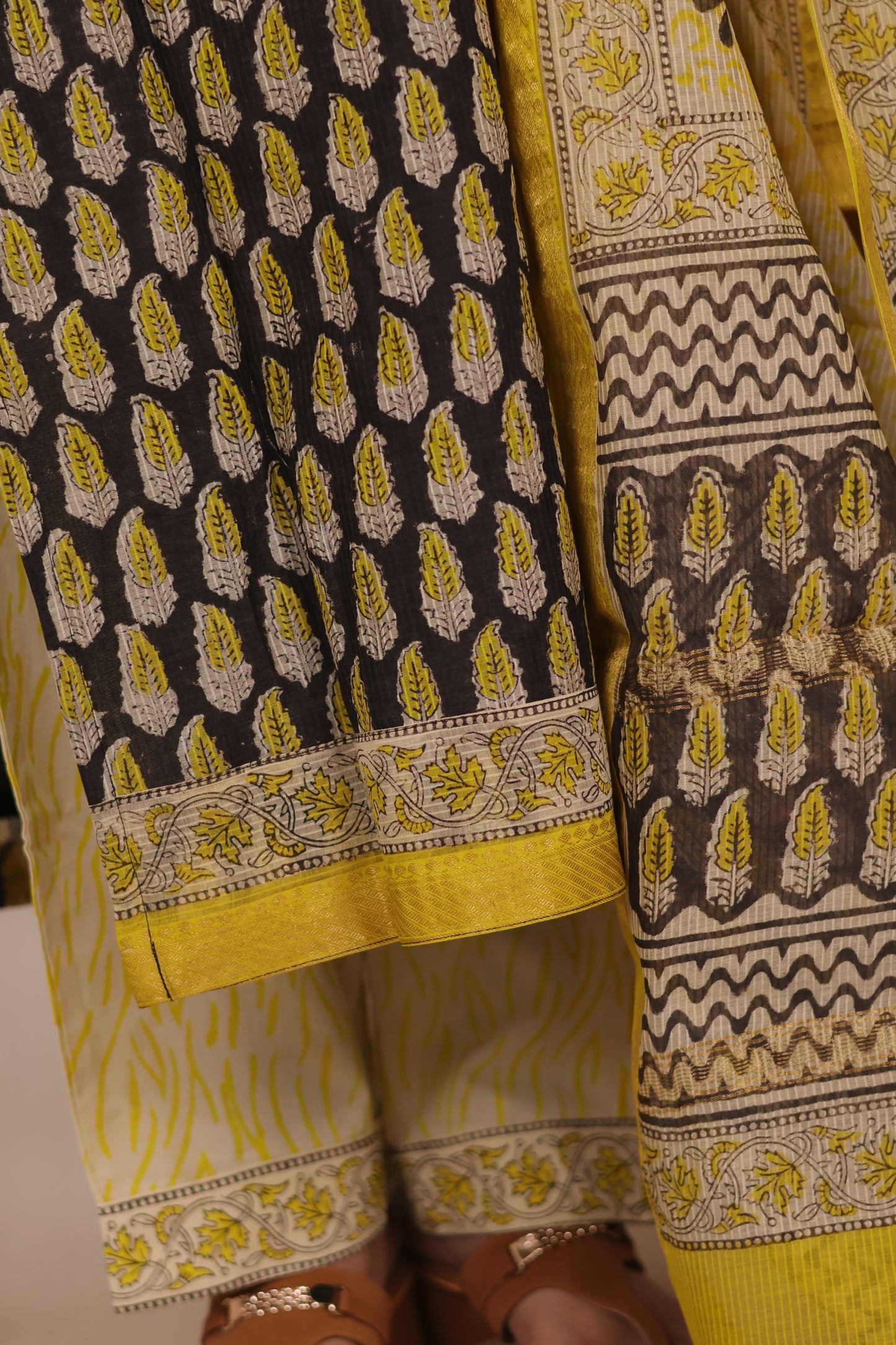 Black & Lemon Yellow Handblock printed Pure Maheswari Silk 3 piece suit (stitched)