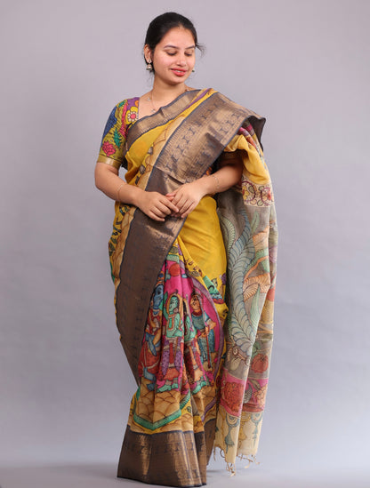 Yellow Hand Painted Pen Kalamkari Silk Saree