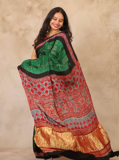 Green Hand Knotted Bandhej Arakh Modal Silk Saree with Lagdi Pallu | Looms & Tassels