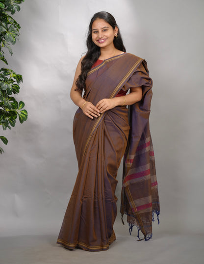 Brown Dual Shade Narayanpet Cotton Saree | Looms & Tassels