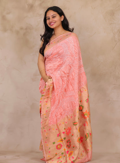 Peach Handcrafted Pattern Bandhani Paithani Dola Silk Saree | Looms & Tassels