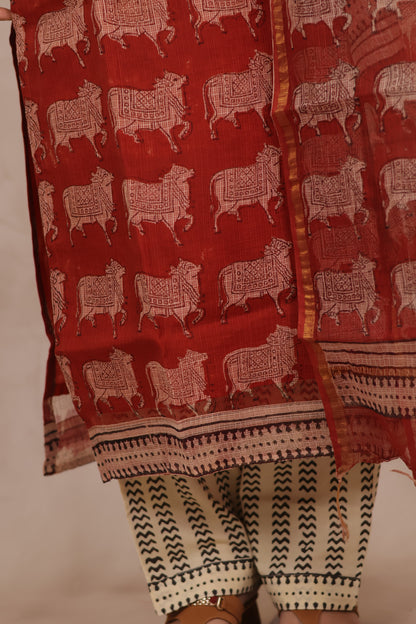 Maroon Pichwai Handblock printed kota 3 piece suit (stitched)