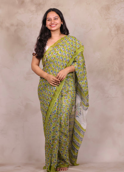 Green Chiffon Hand Block Printed Saree | Looms & Tassels