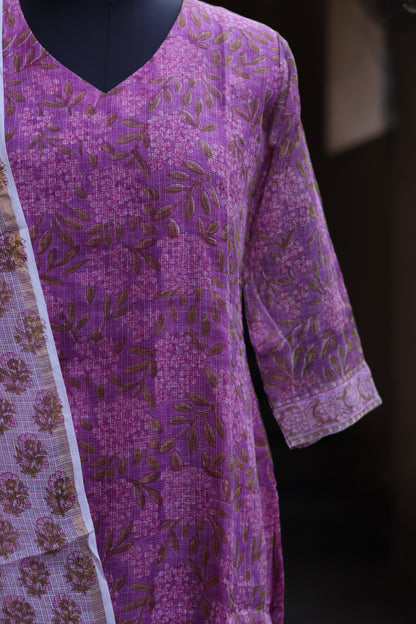 Lavender Handblock printed kota 3 piece suit (stitched)