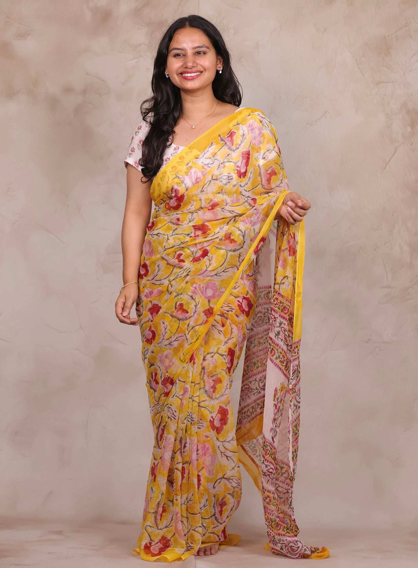 Yellow Chiffon Bagru Hand Block Printed Saree | Looms & Tassels