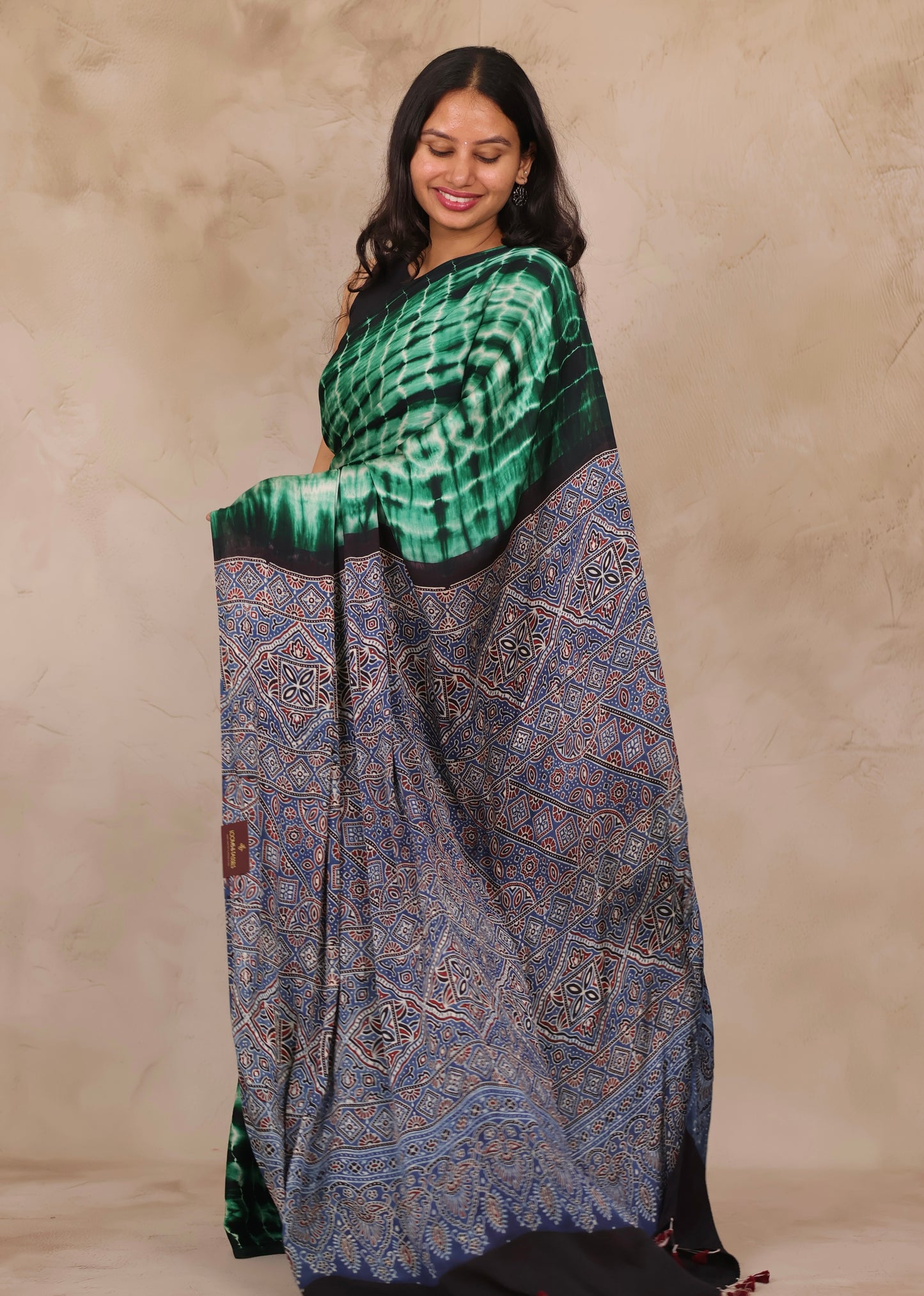Tie & Dye Ajrakh Handblock Printed Modal Silk Saree | Looms & Tassels
