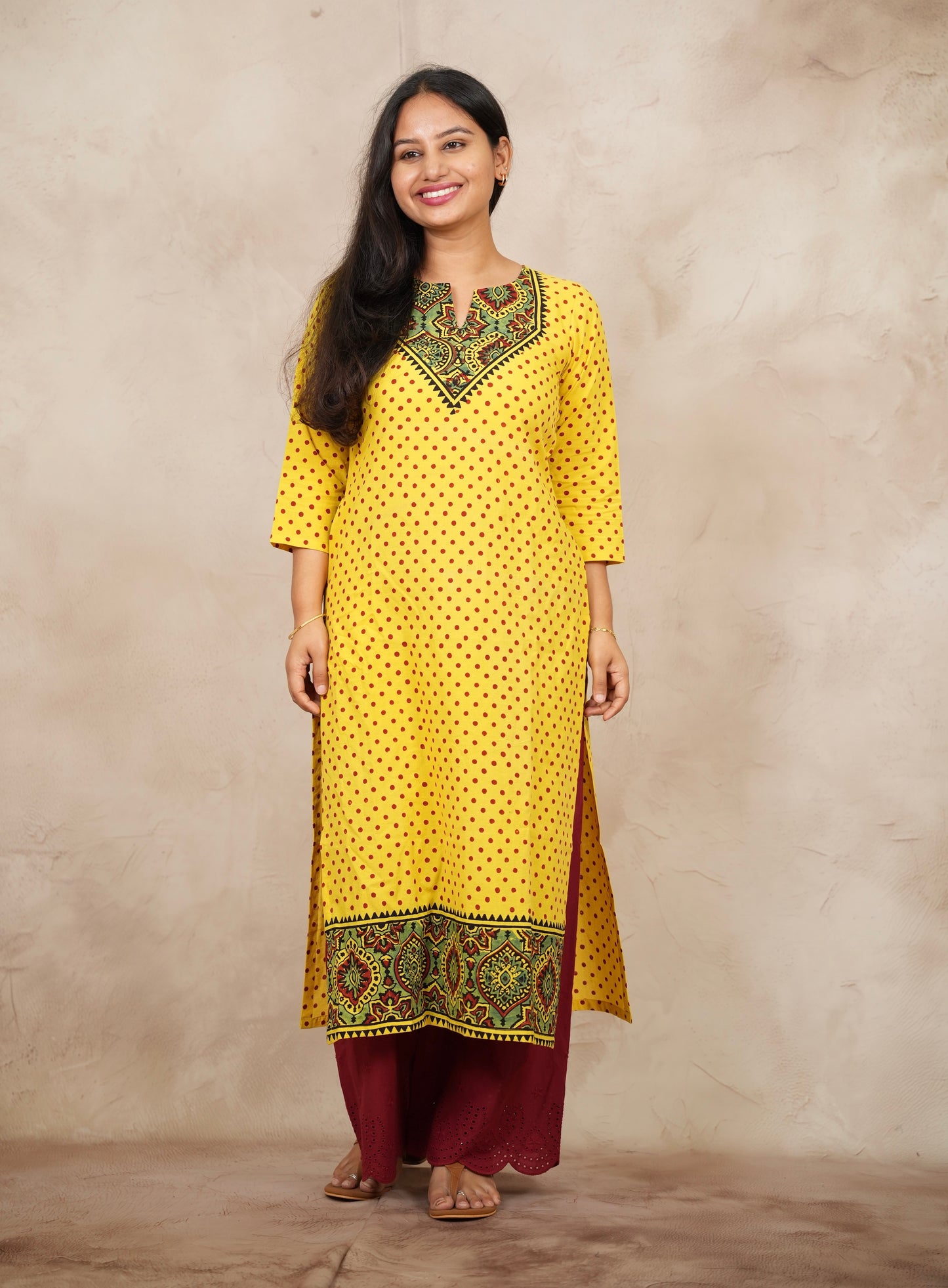 Yellow Ajrakh Pattern Hand Block printed Kurti | Looms & Tassels