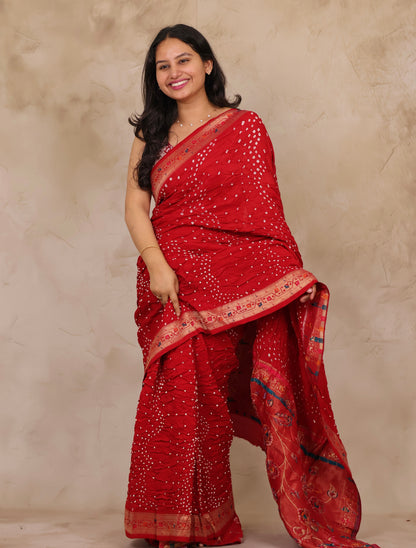 Red Handcrafted Pattern Bandhani Paithani Dola Silk Saree | Looms & Tassels