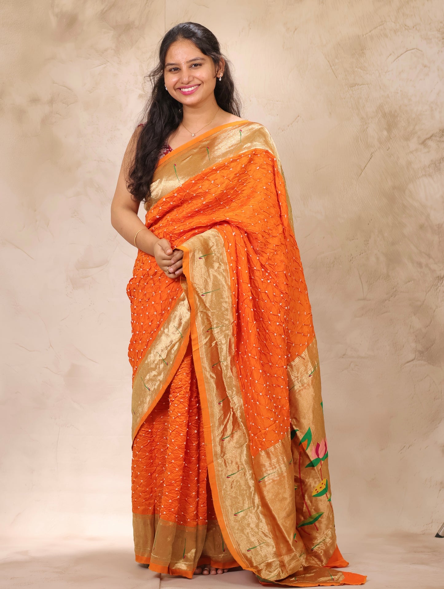 Orange Handcrafted Bandhani Paithani Dola Silk Saree | Looms & Tassels