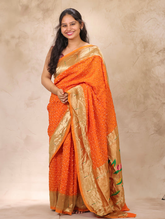 Orange Handcrafted Bandhani Paithani Dola Silk Saree | Looms & Tassels