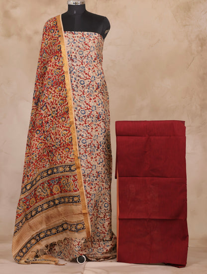 Hand Block Printed Kalamkari Unstitched 3pc Suit Set