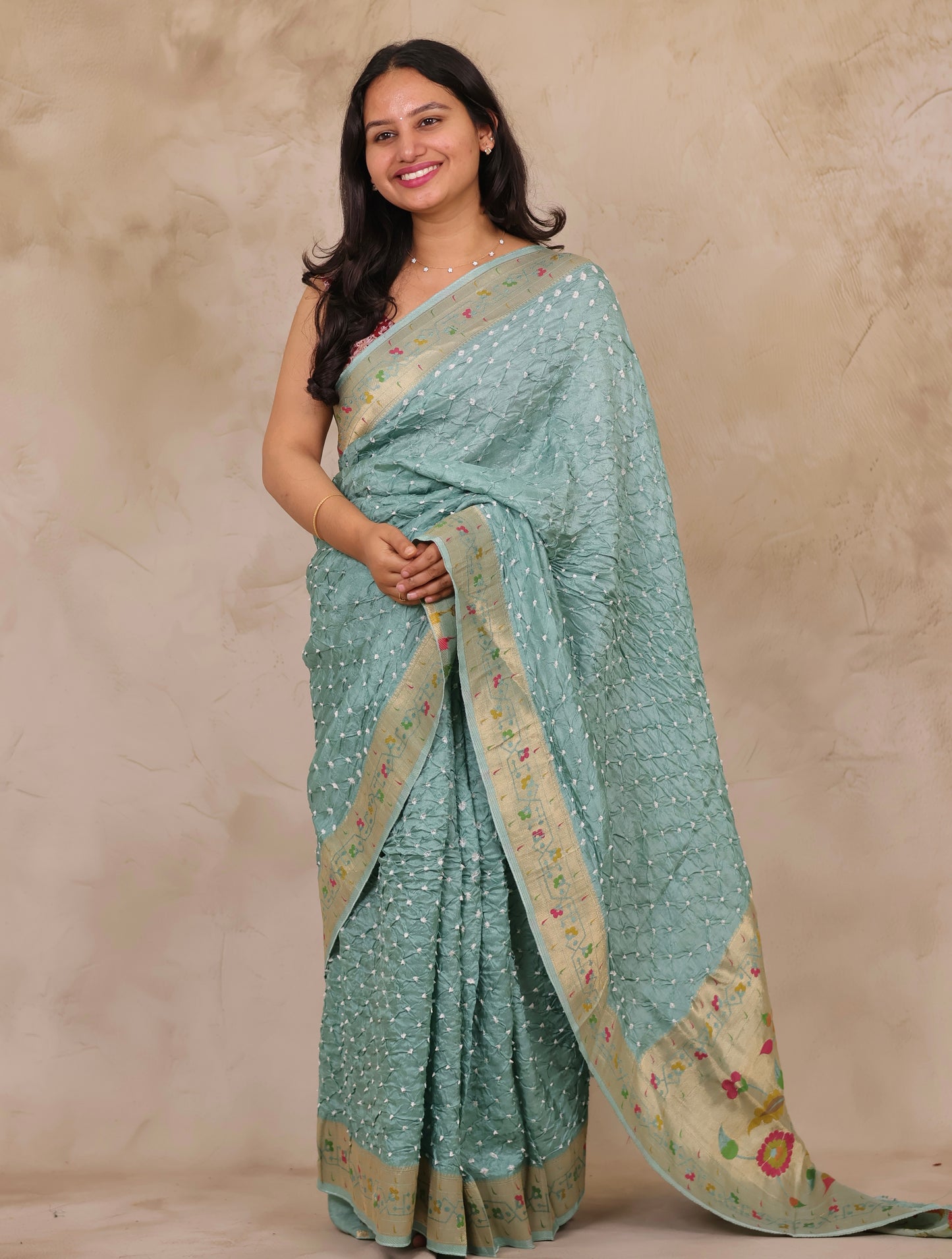 Sea Green Handcrafted Bandhani Paithani Dola Silk Saree | Looms & Tassels