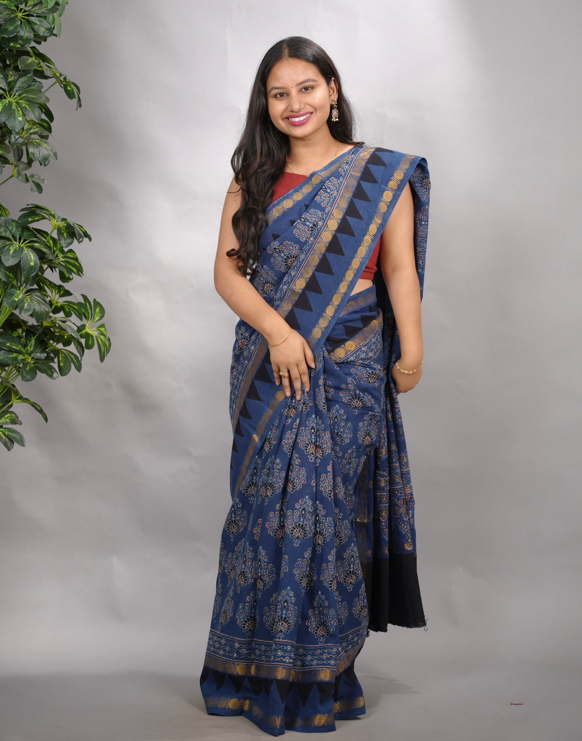 Indigo Ajrakh Hand Block Printed Sungudi Cotton Saree | Looms & Tassels