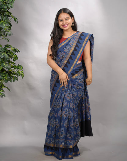 Indigo Ajrakh Hand Block Printed Sungudi Cotton Saree | Looms & Tassels