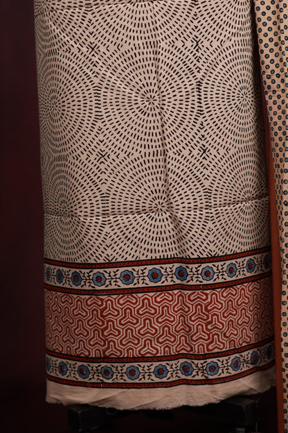 Off White Ajrakh Handblock Printed Pure Cotton 2 Piece Suit Set | Looms & Tassels