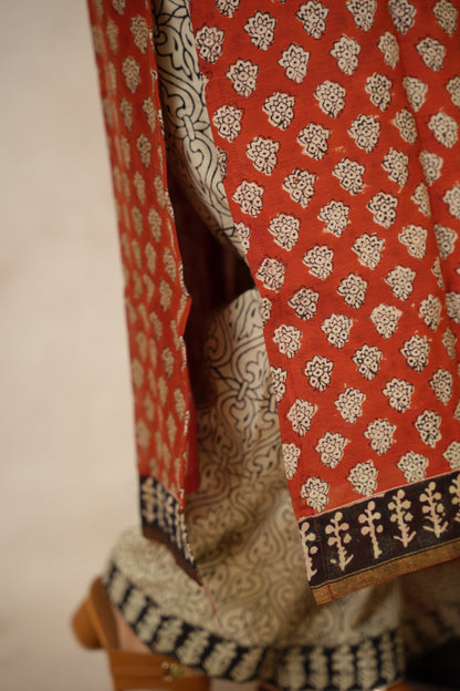 Maroon Handblock printed Pure Chenderi Silk 3 piece suit (stitched) | Looms & Tassels
