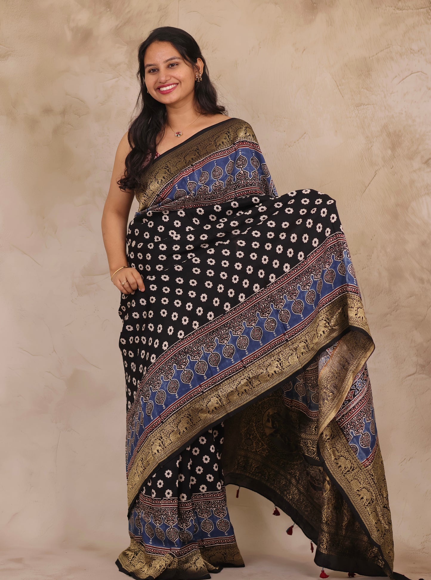 Black Ajrakh Handblock printed Dola Silk Saree | Looms & Tassels