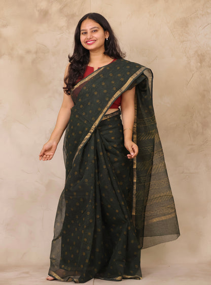 Green Pure Kota Doria Saree with Bagru Handblock Prints | Looms & Tassels