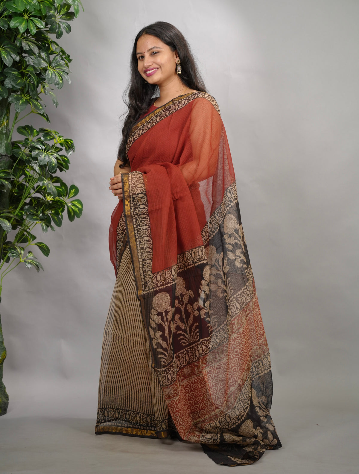 Maroon Pure Kota Doria Saree with Bagru Handblock Prints