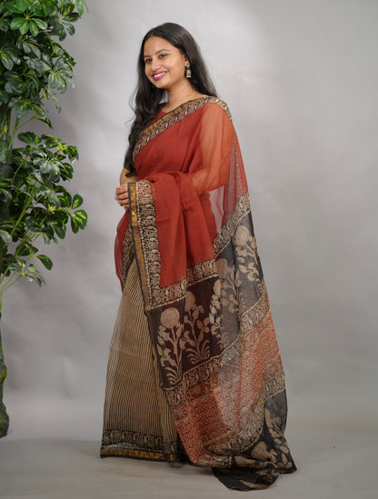 Maroon Pure Kota Doria Saree with Bagru Handblock Prints