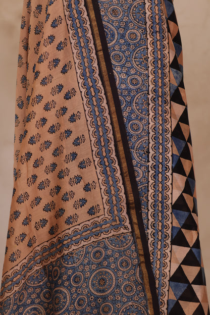 Chanderi Silk Cotton Ajrakh Handblock Printed 2 Piece Suit Set | Looms & Tassels