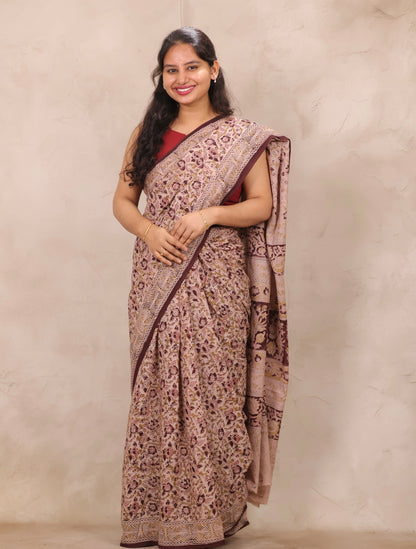 Cream Hand Block Printed Kalamkari Cotton Saree | Looms & Tassels