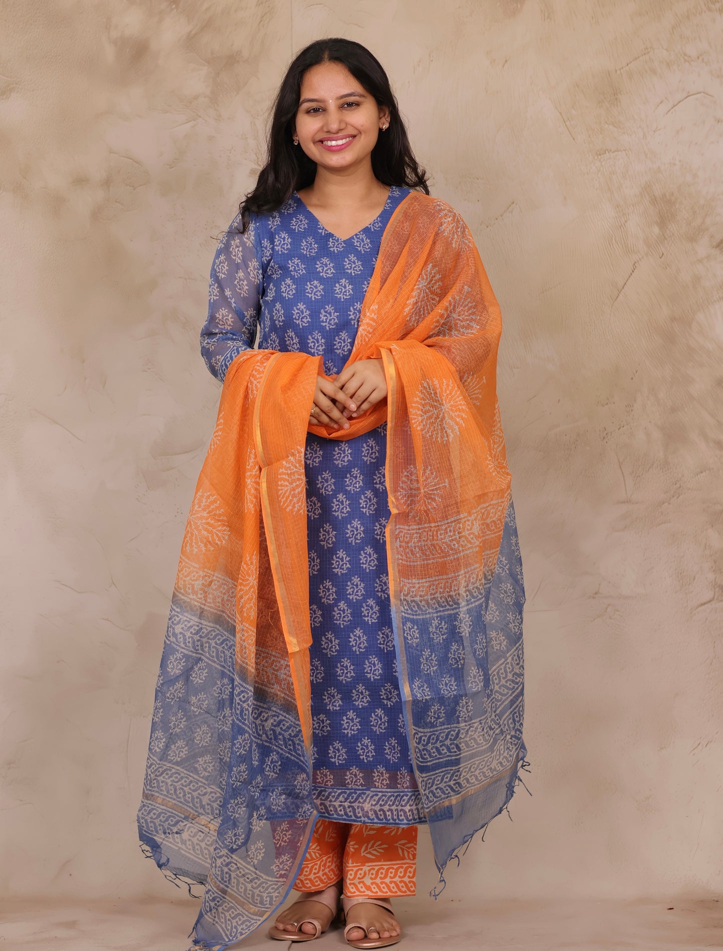 Blue Handblock printed kota 3 piece suit (stitched)