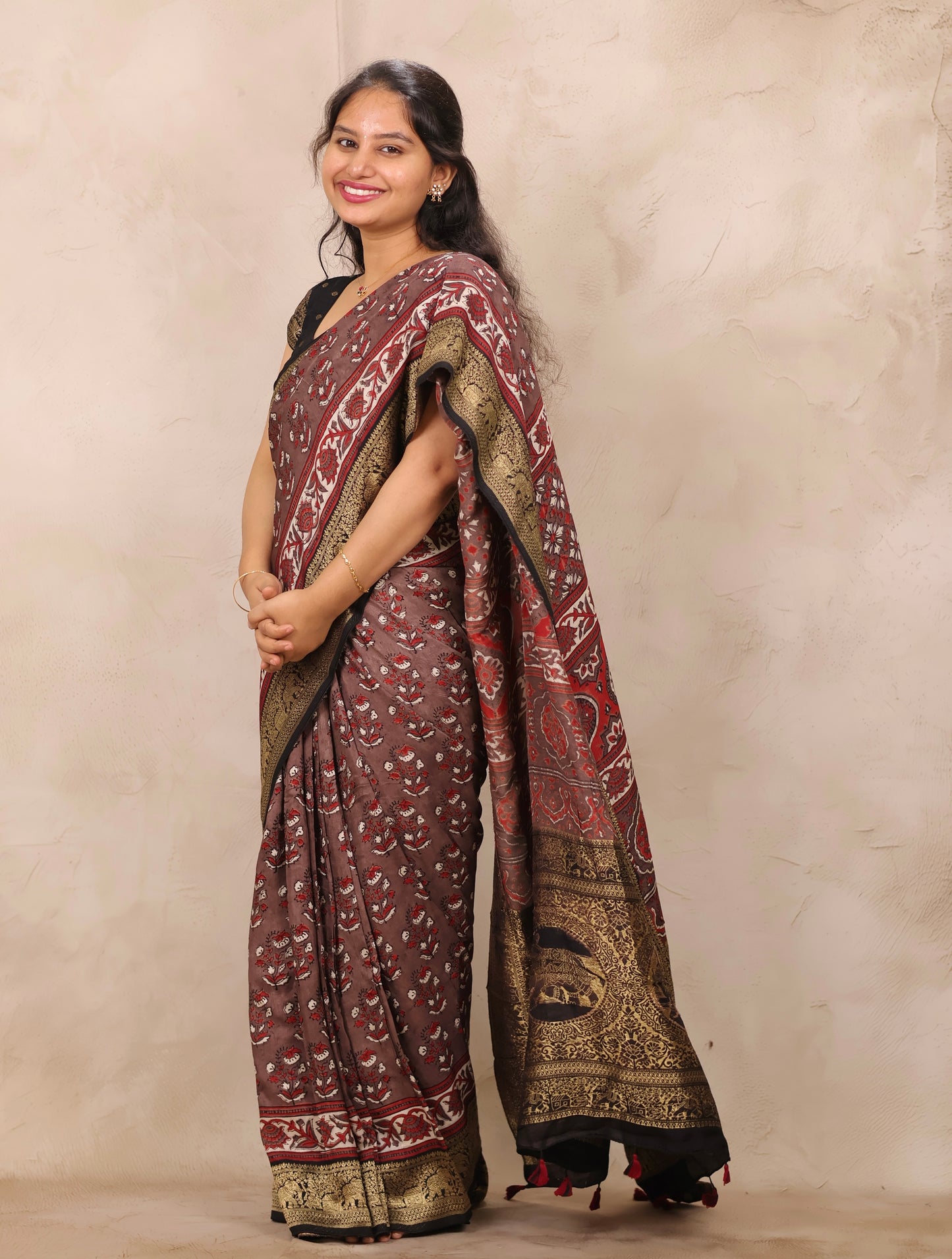 Dusty Brown Ajrakh Handblock printed Dola Silk Saree | Looms & Tassels