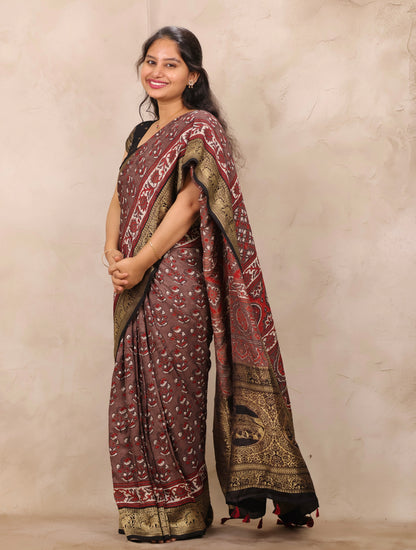 Dusty Brown Ajrakh Handblock printed Dola Silk Saree | Looms & Tassels