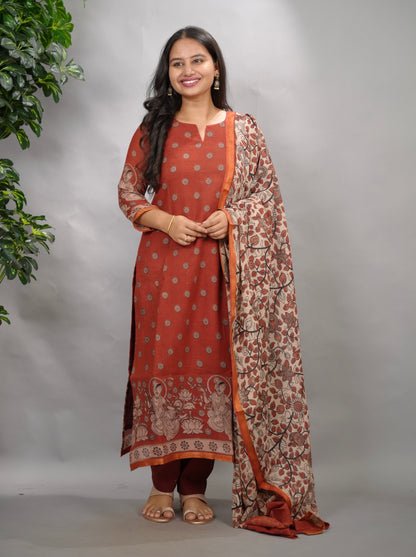 Maroon Kalamkari Kota Cotton 3 piece suit (stitched) | Looms & Tassels