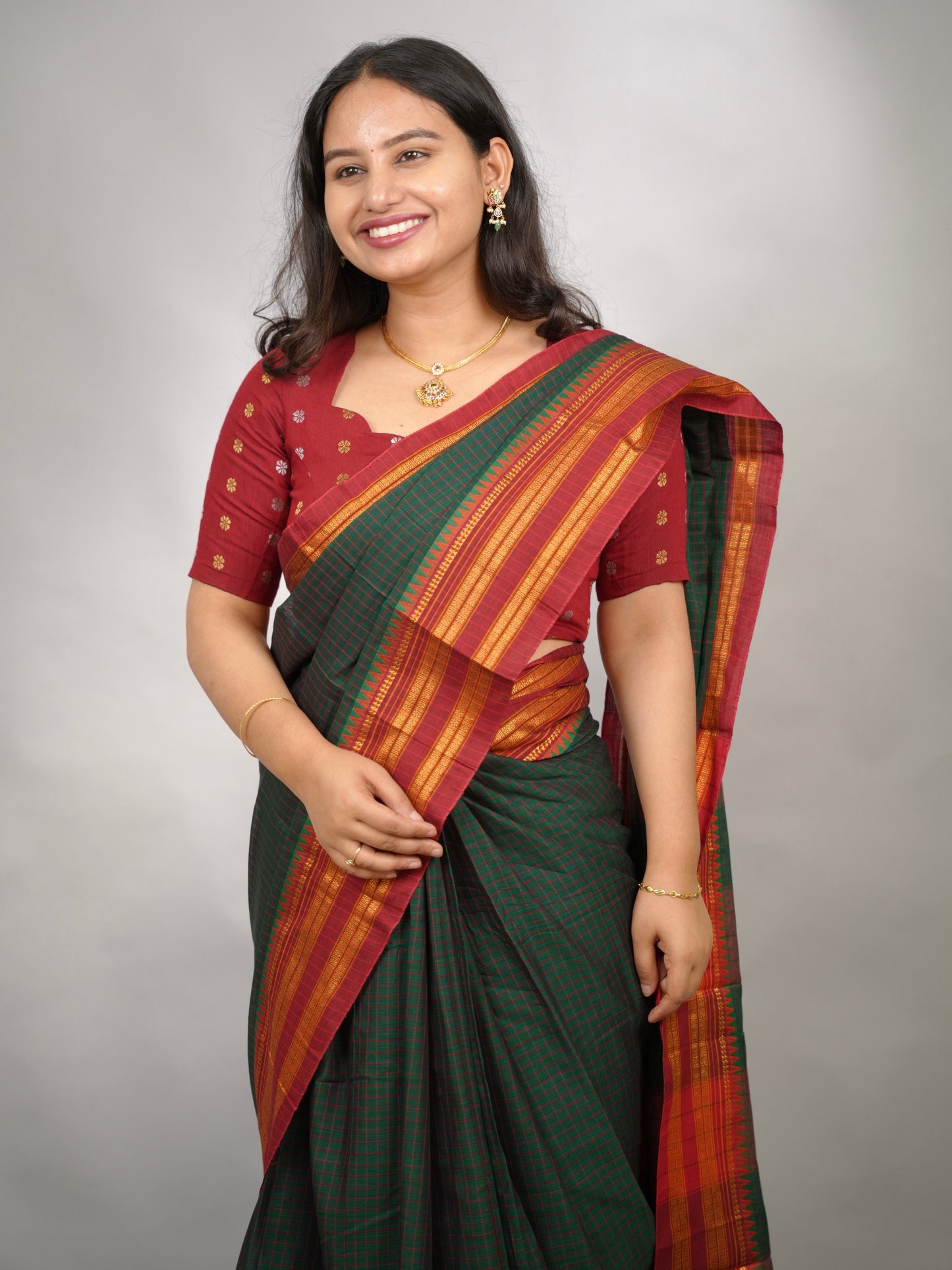 Bottle Green Checks Narayanpet Cotton Saree with Traditional contrast Border | Looms & Tassels