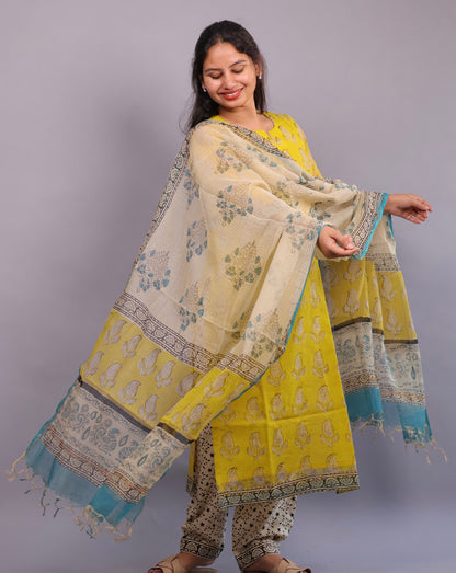 Yellow Handblock printed kota 3 piece suit (stitched)