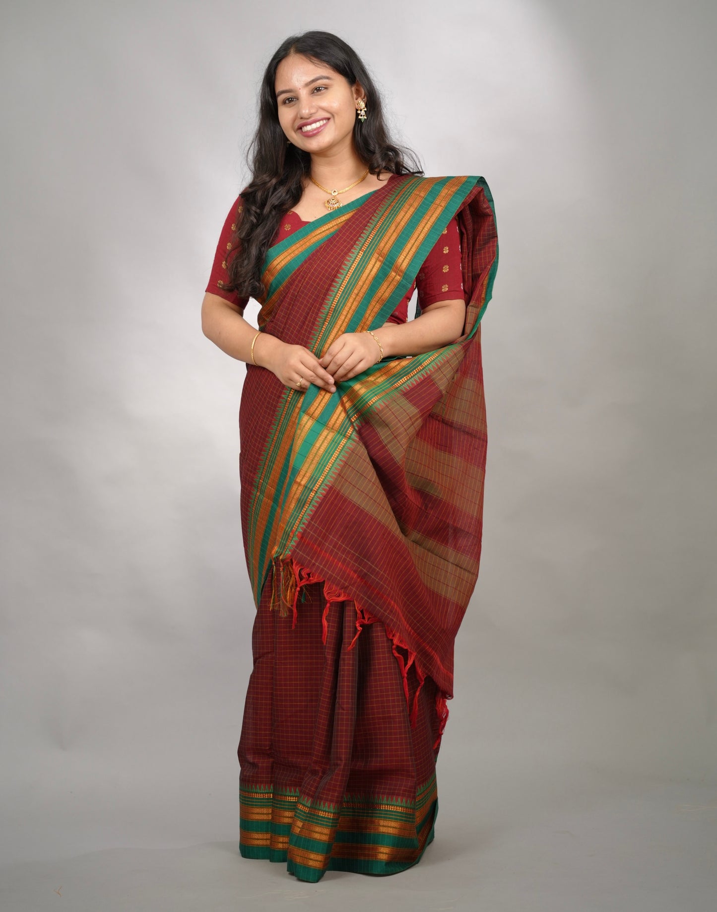 Maroon Checks Narayanpet Cotton Saree with Traditional contrast Border | Looms & Tassels