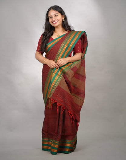 Maroon Checks Narayanpet Cotton Saree with Traditional contrast Border | Looms & Tassels