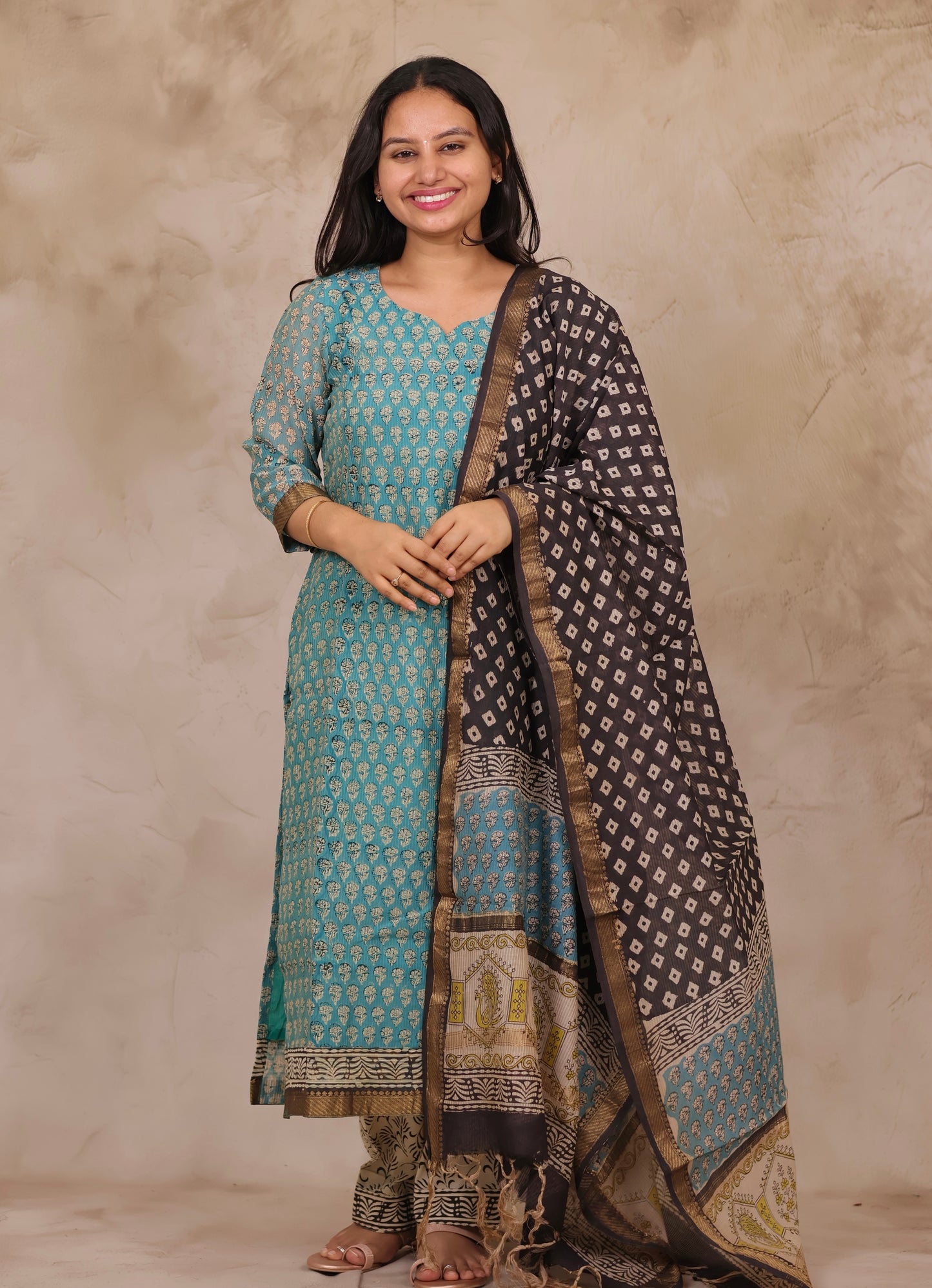 Powder Blue Handblock printed Pure Maheswari Silk 3 piece suit (stitched)