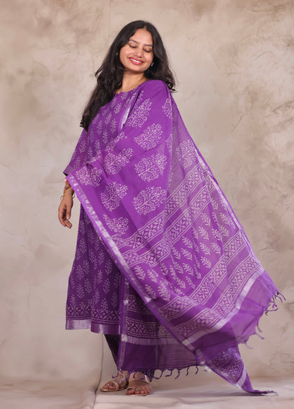 Purple Linen Cotton Handblock printed 3 piece suit (stitched)