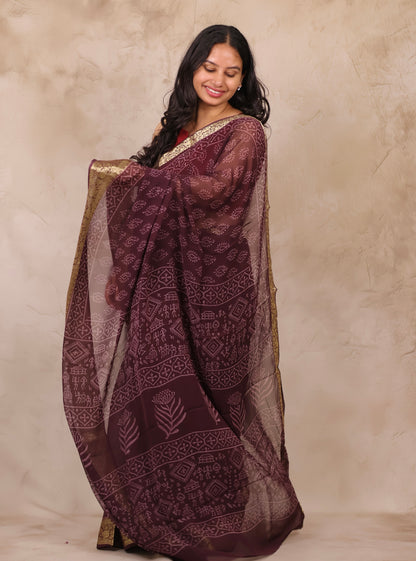 Coffee Brown Chiffon Hand Block Printed Saree with Jari Border | Looms & Tassels