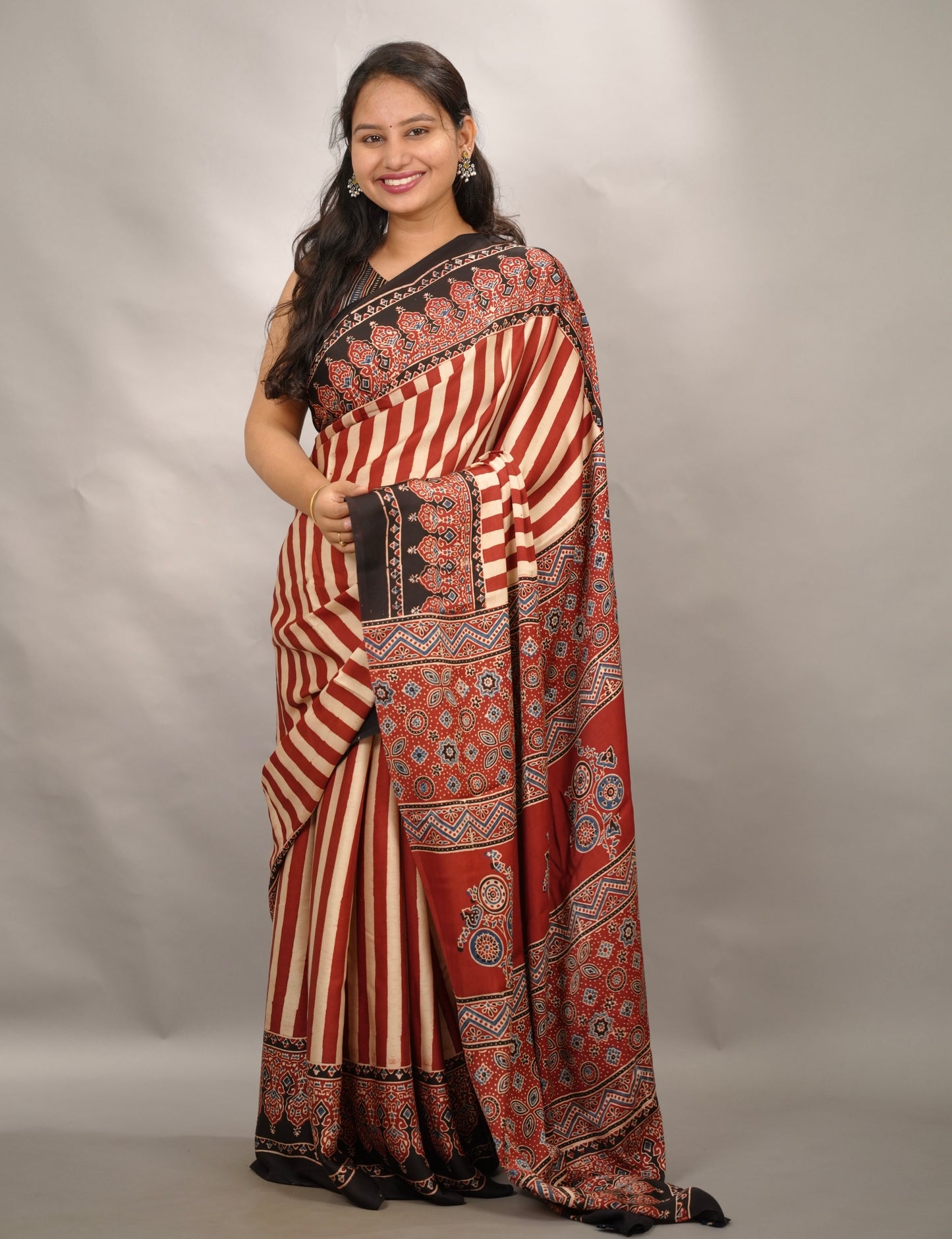 Authentic Red And Cream Stripes Ajrakh Handblock Printed Modal Silk Saree | Looms & Tassels