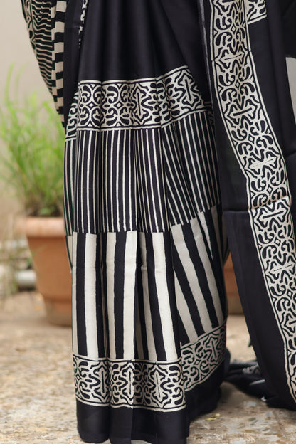 Black Ajrakh Modal Silk Saree