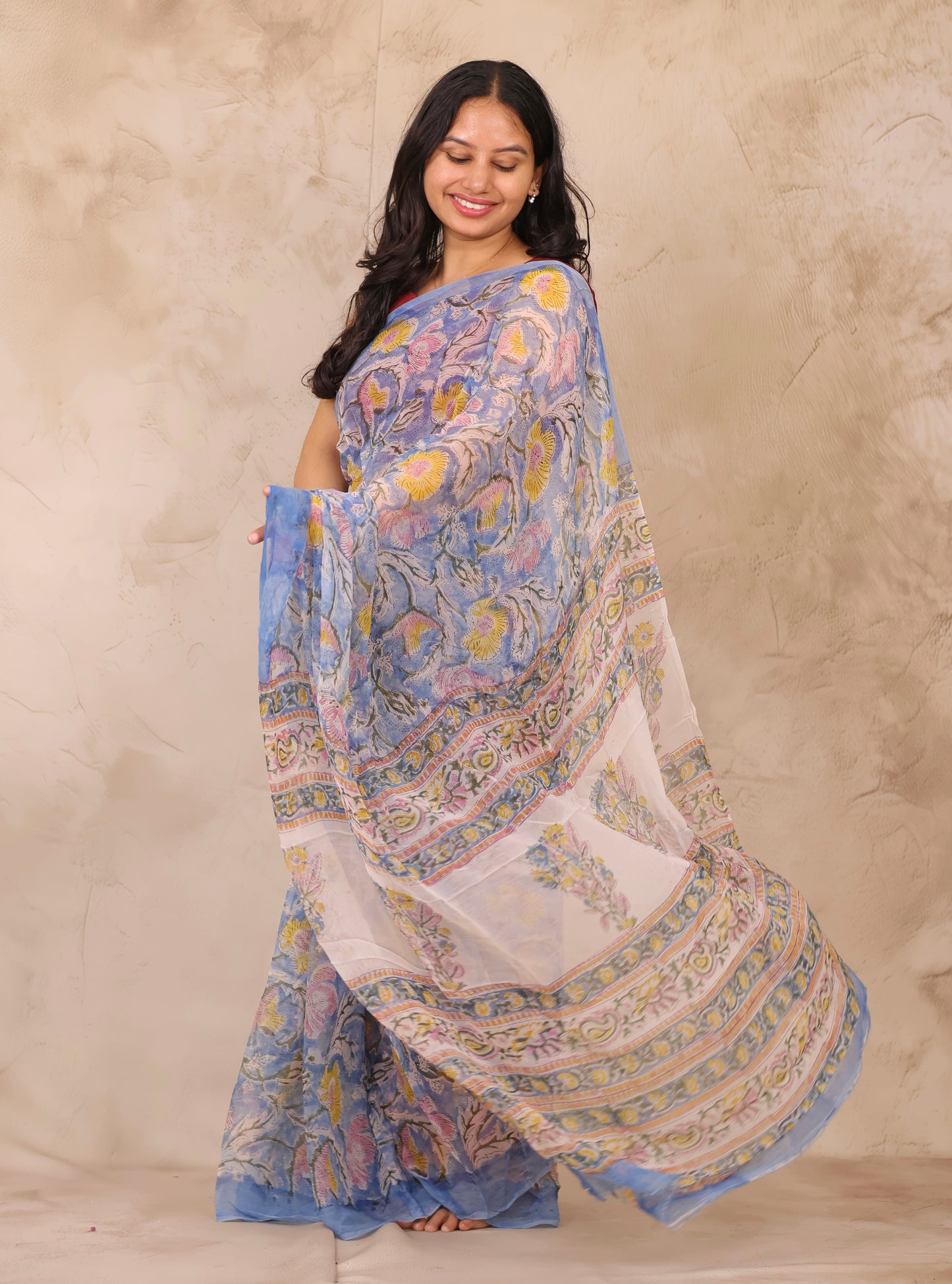 Blue Chiffon Hand Block Printed Saree | Looms & Tassels