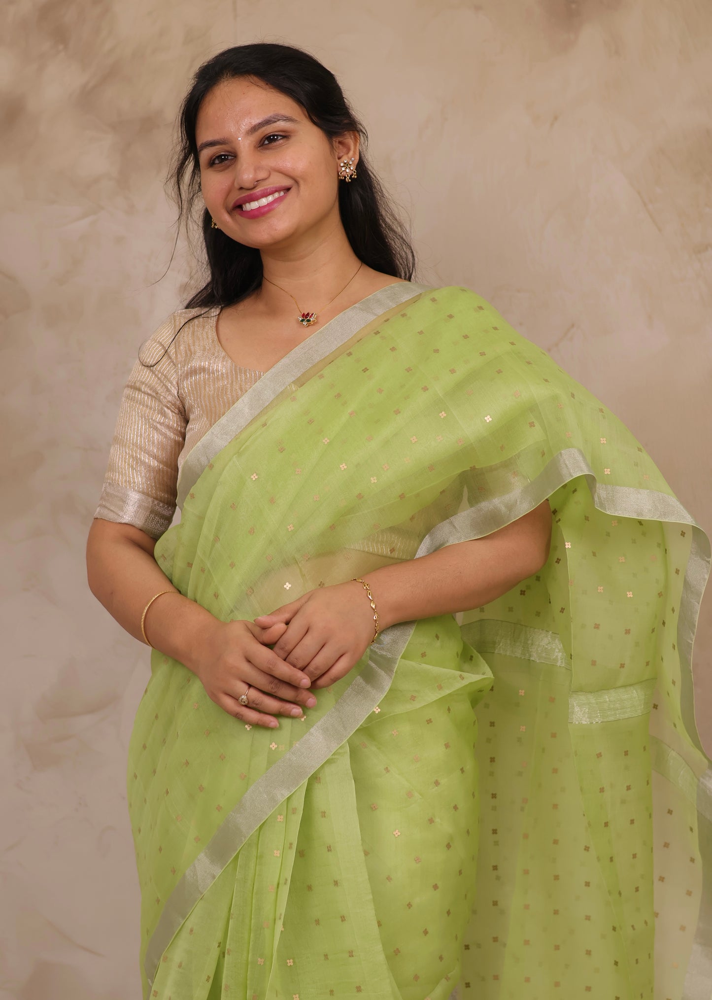 Pastel Lime Green Handwoven Muslin Silk Saree With Sequence Work | Looms & Tassels