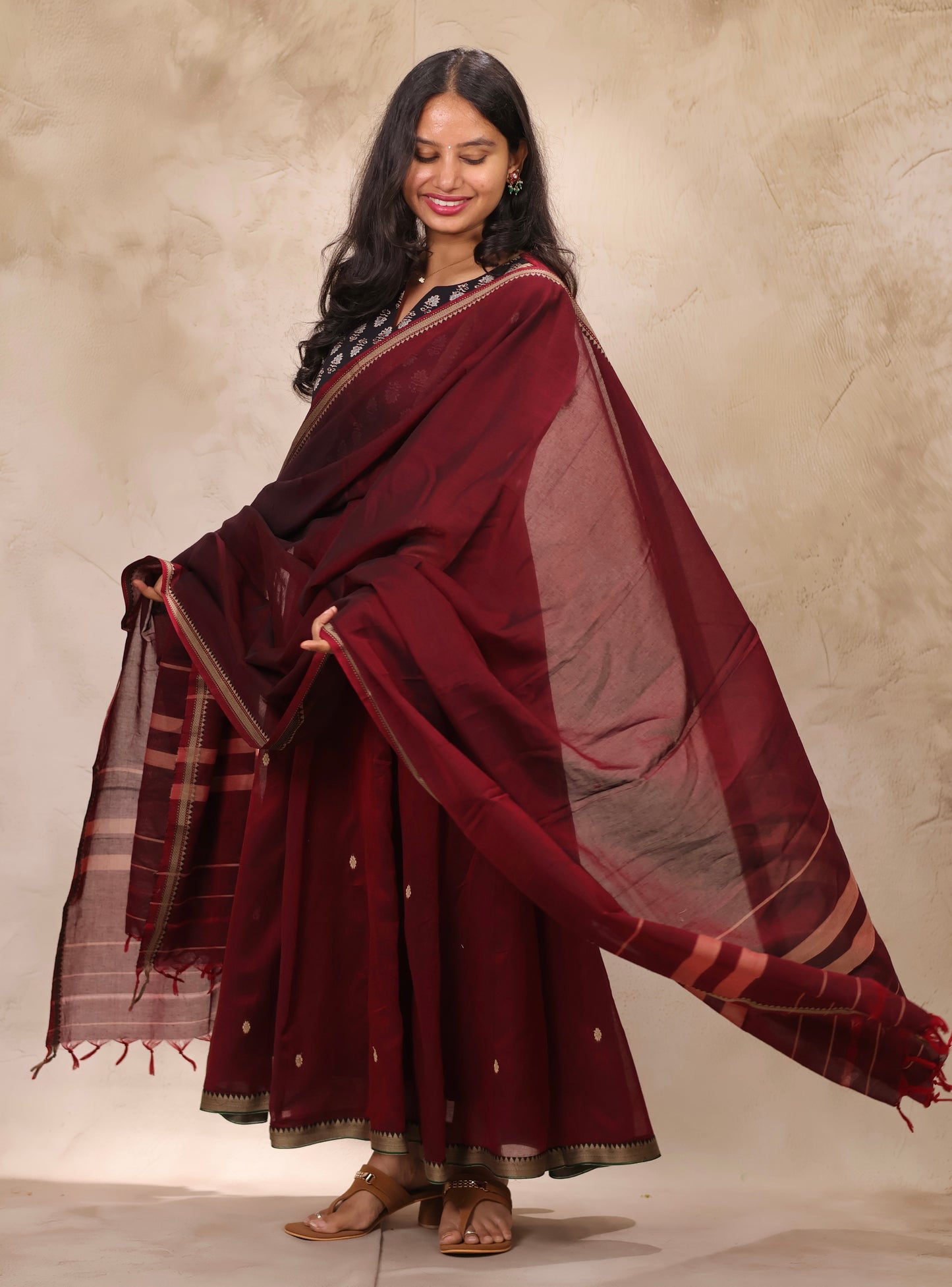 Maroon Ajrakh Patch Work Narayanpet Cotton Anarkali Dress with Narayanpet Dupatta | Looms & Tassels