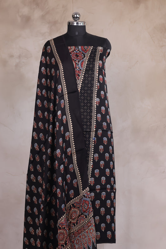 Black Floral Ajrakh Handblock Printed Modal Silk 2 Piece Suit Set | Looms & Tassels