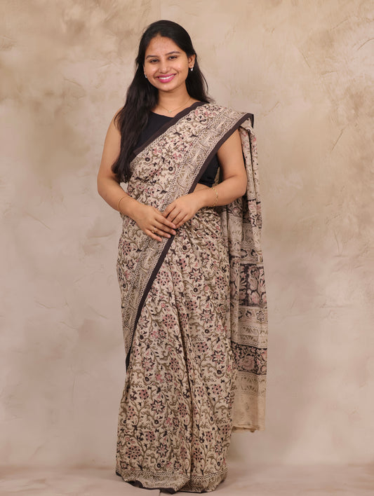Cream Hand Block Printed Kalamkari Cotton Saree | Looms & Tassels