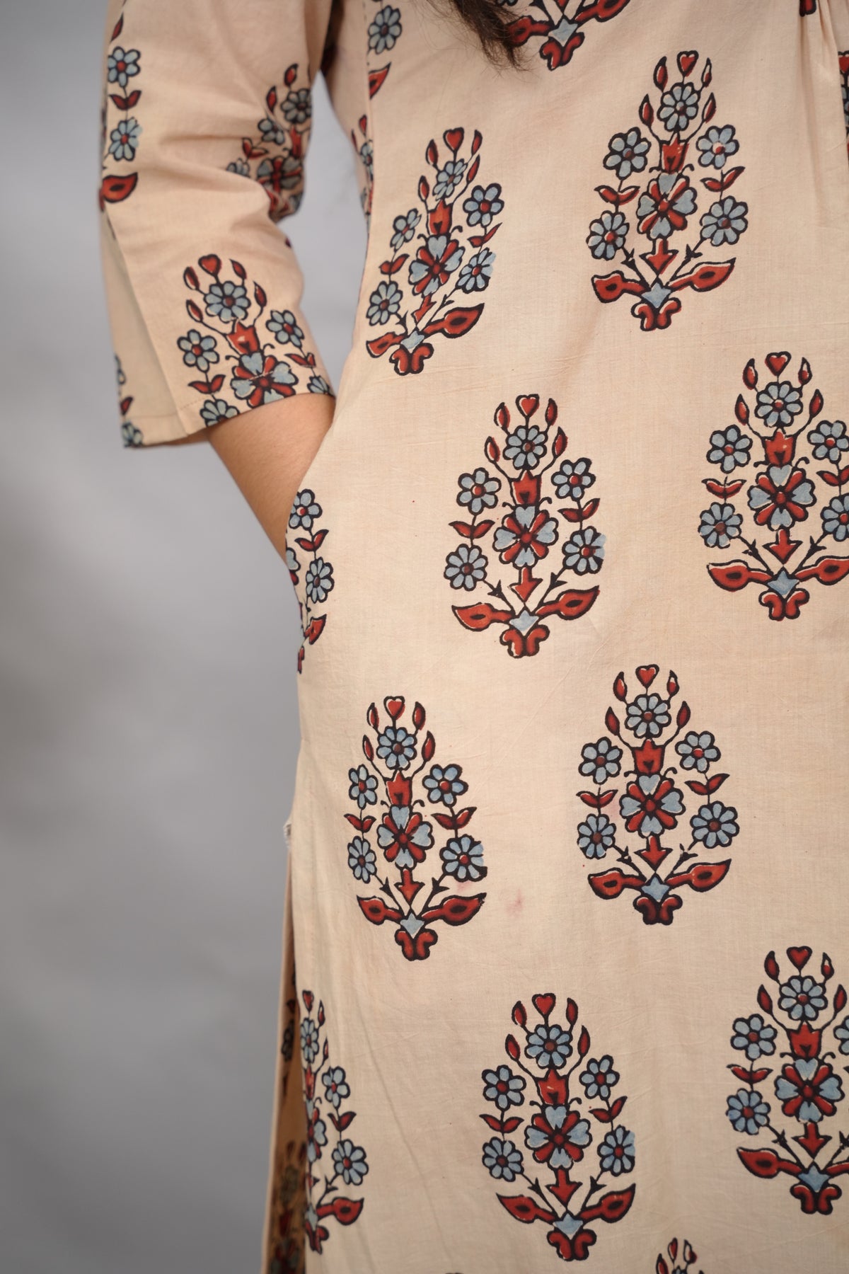 Cream Ajrakh Cotton Patchwork Aline Kurta | Looms & Tassels