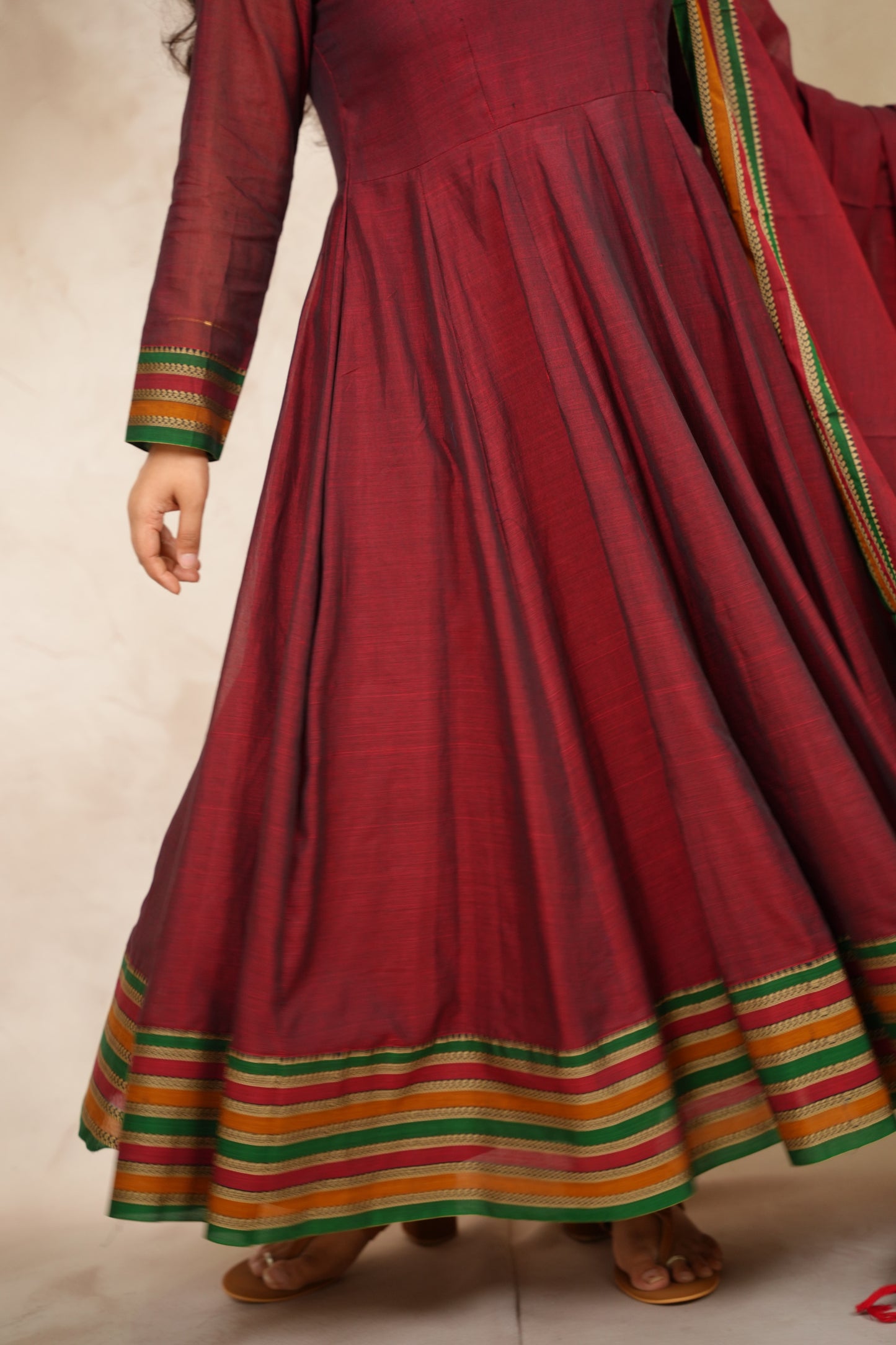Maroon Narayanpet Cotton Anarkali Dress with Narayanpet Dupatta | Looms & Tassels