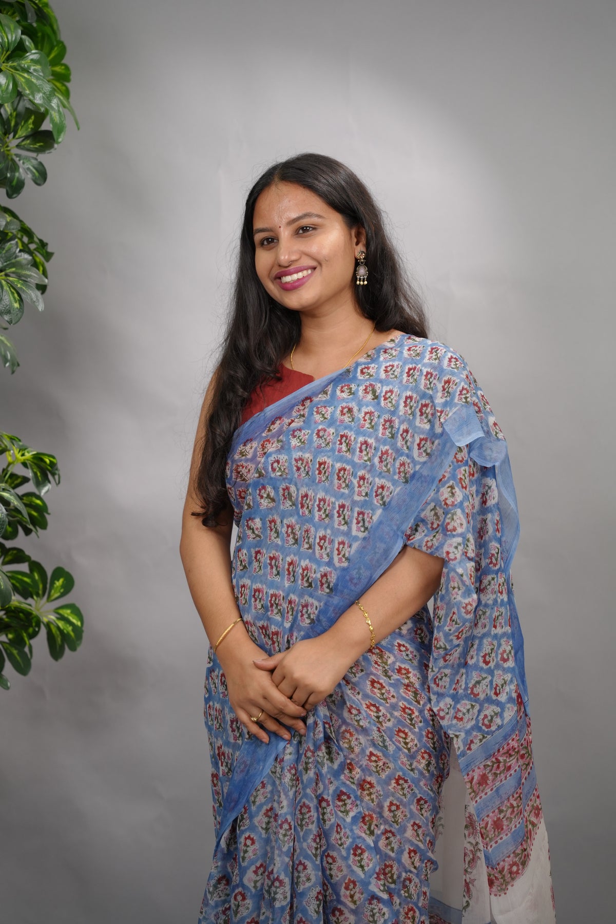 Blue Floral Chiffon Hand Block Printed Saree | Looms & Tassels