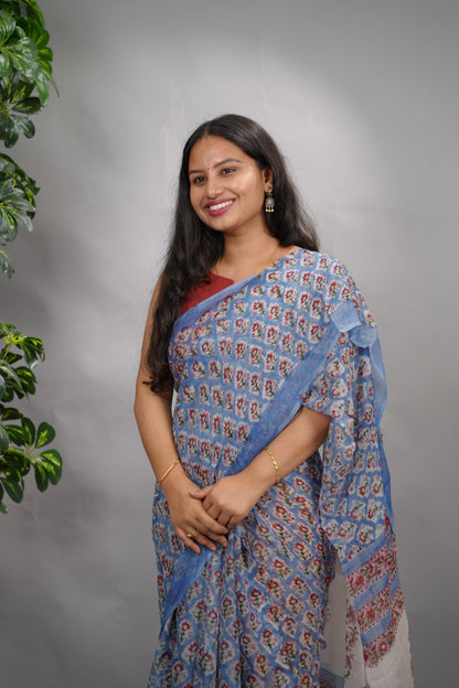 Blue Floral Chiffon Hand Block Printed Saree | Looms & Tassels