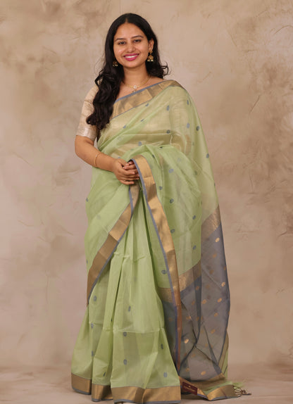 Pista Green Handloom Maheswari Silk Cotton Sarees | Looms & Tassels